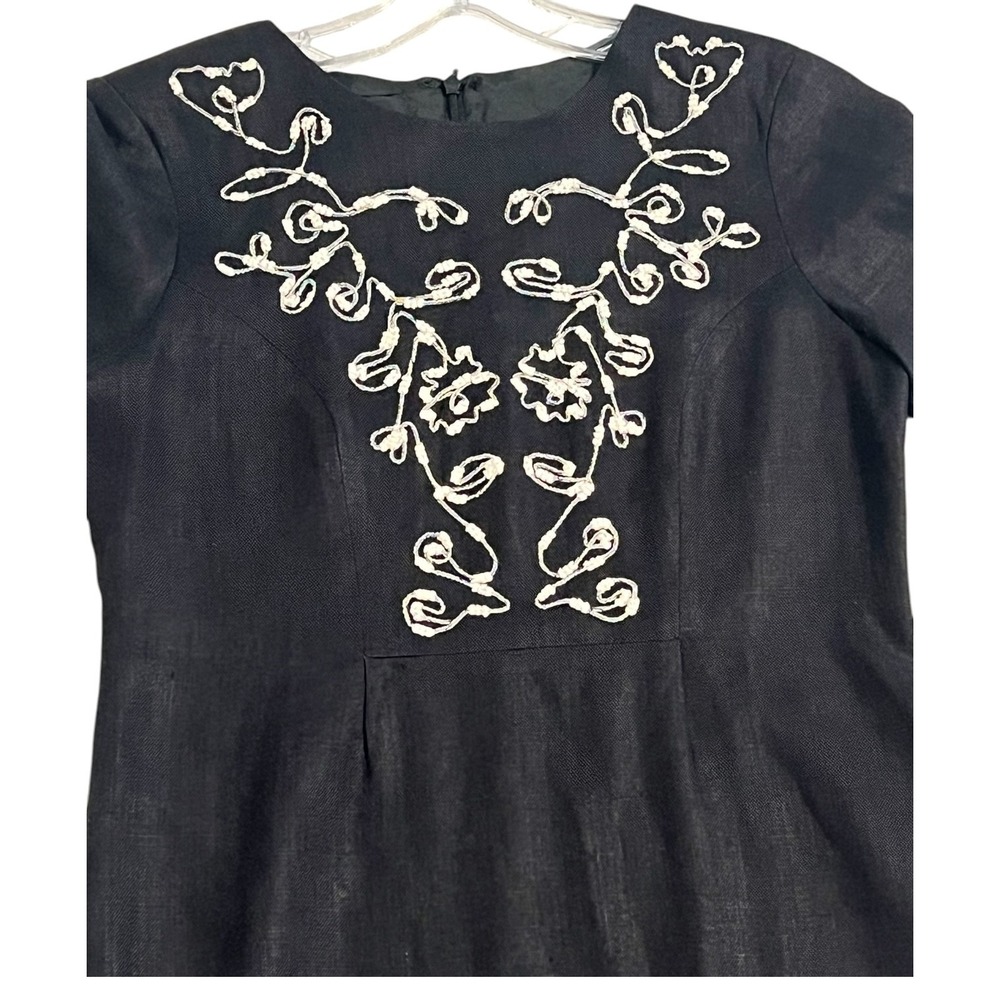 Carole Little Petite Black Linen Embroidered Dress 6P - Picture 2 of 9